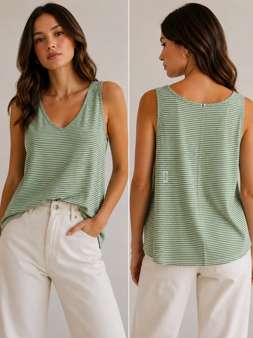 Kit and Ace Lovely Tank M Green Stripe Pima Cotton Modal Relaxed Fit Sleeveless